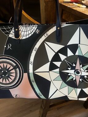 Tory Burch Black Tote with Compass Graphic and Pastel Accents